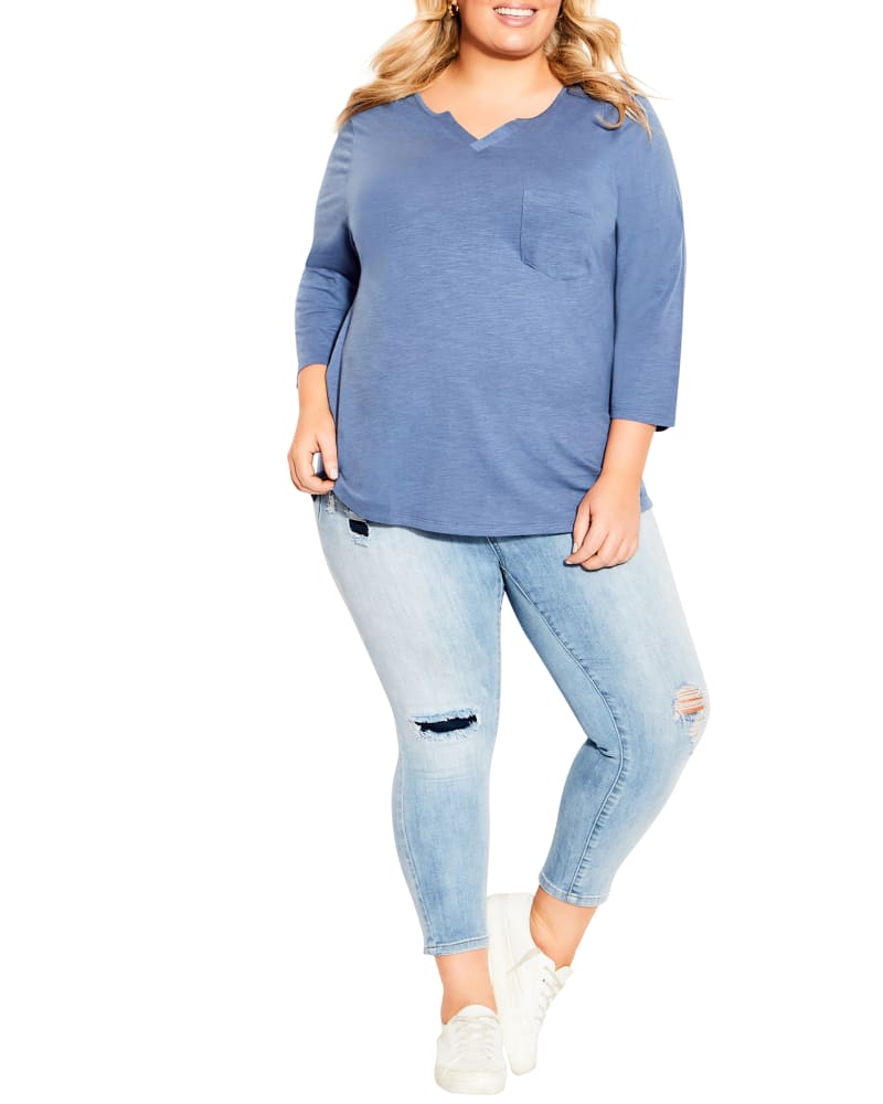 Front of a model wearing a size 16 Cecilia Notch Neck Tee in Charcoal Grey by avenue. | dia_product_style_image_id:233462